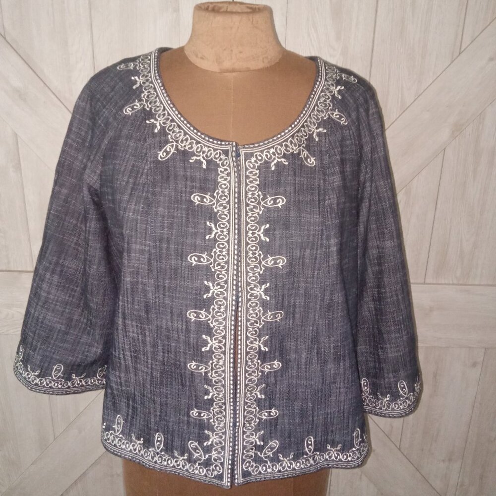 Vintage-OSCAR DE LA RENTA-Authentic Denim Embroidered Wide Sleeve Jacket-Size 4